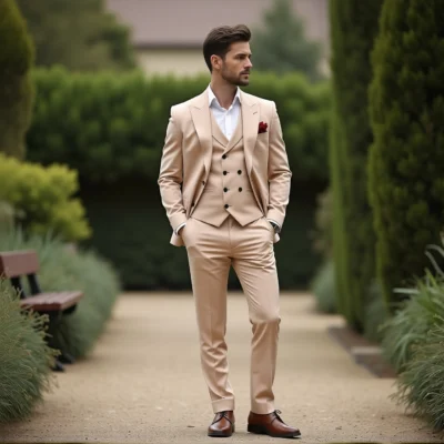 Slim Fit Beige Three Piece Suit