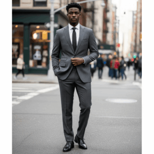 Man wearing a tailored black suit and tie walking through a busy downtown city street
