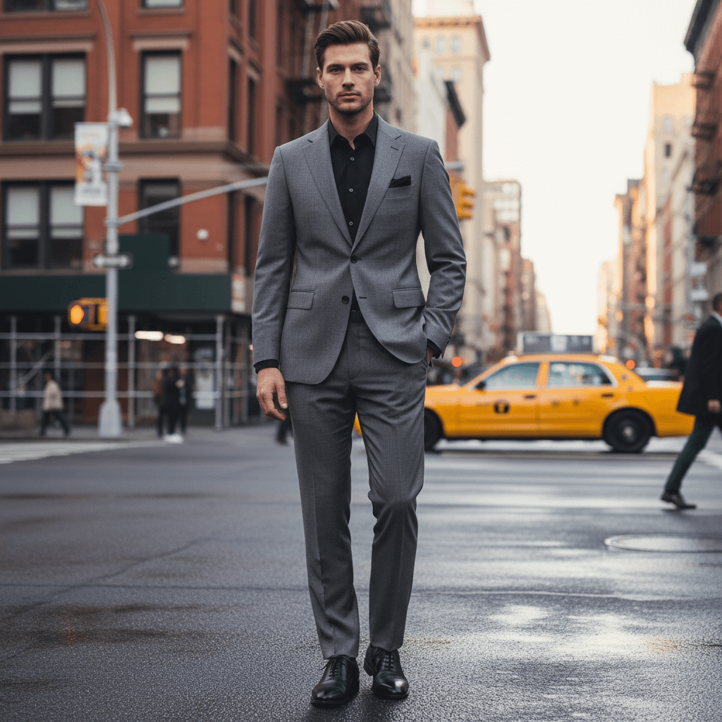 Man wearing a tailored charcoal suit walking across a downtown street with city buildings and a yellow taxi in the background