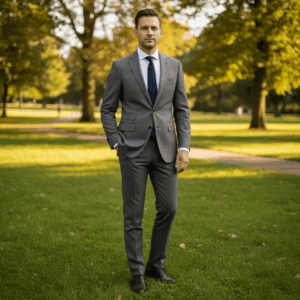 Man in a tailored charcoal suit and blue tie walking across a green park surrounded by mature trees