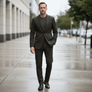 Dark Tailored Suit on City Street-Single Breasted 