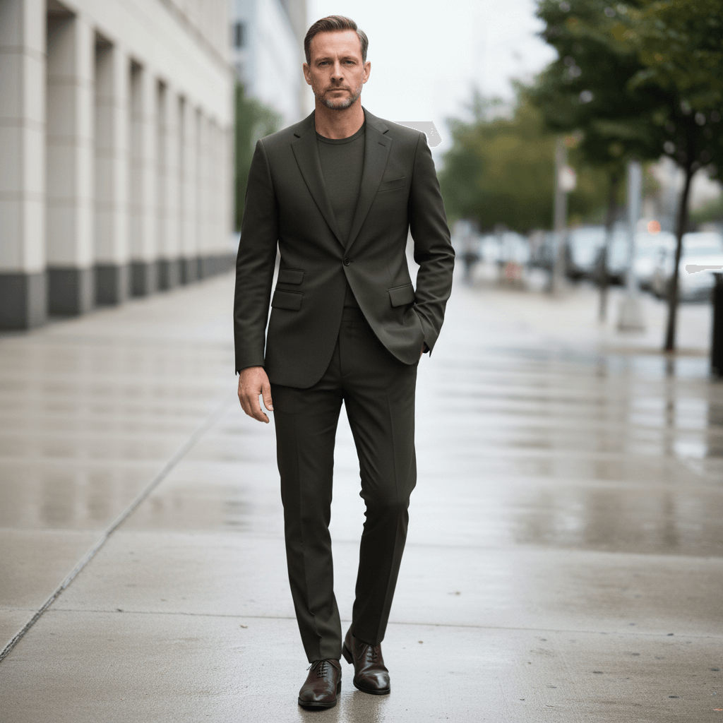Dark Tailored Suit on City Street-Single Breasted