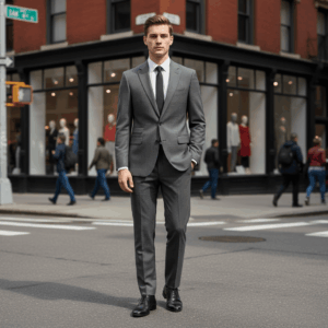 Man wearing a tailored gray business suit and dark tie standing on a city street near a modern storefront