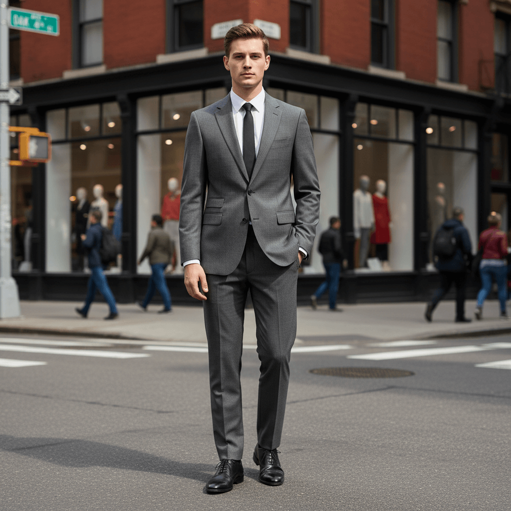 Man wearing a tailored gray business suit and dark tie standing on a city street near a modern storefront