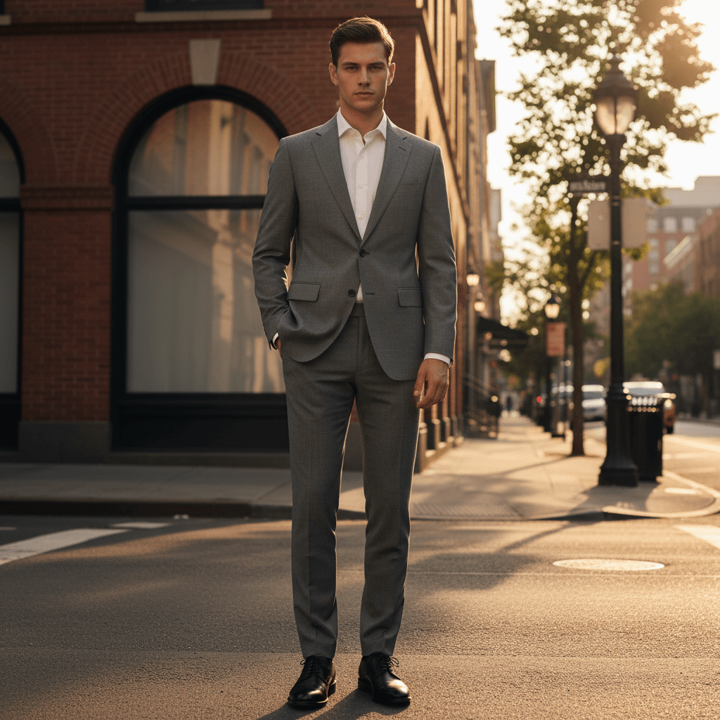 Man wearing a tailored gray suit and dark tie standing on a city street in warm evening light