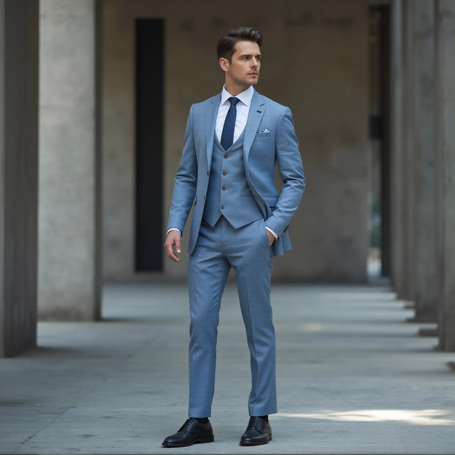 Contemporary Slim Fit Light Blue Three Piece Suit