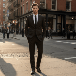 Man wearing a tailored brown suit and black tie walking along a downtown city sidewalk