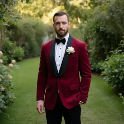 The Red Carpet Tuxedo: Maroon Velvet Dinner Jacket with Black Trim
