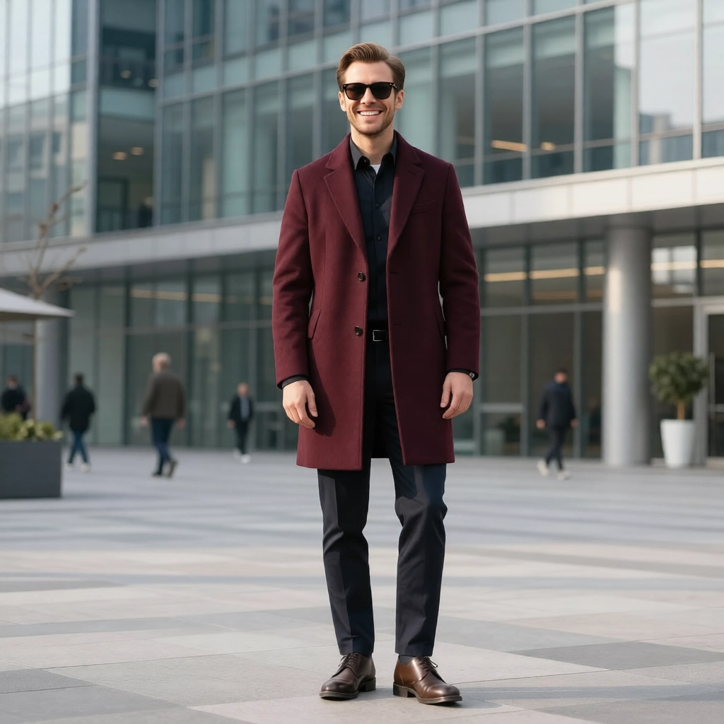 The Regent Slim-Fit Overcoat: Premium Burgundy Wool Blend