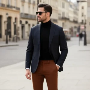 The Parisian Navigator: Slim-Fit Navy Sports Jacket Turtleneck Ensemble