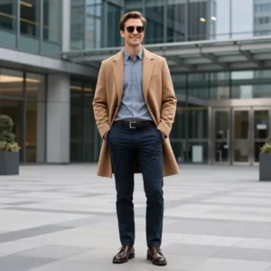 Man wearing a tan blazer, blue shirt, dark trousers, and sunglasses outside a modern office building