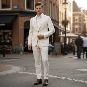 Man wearing a tailored white suit walking through a downtown street with historic buildings and pedestrians in the background