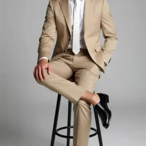 2 piece notch lapel single breasted Beige tan suit1