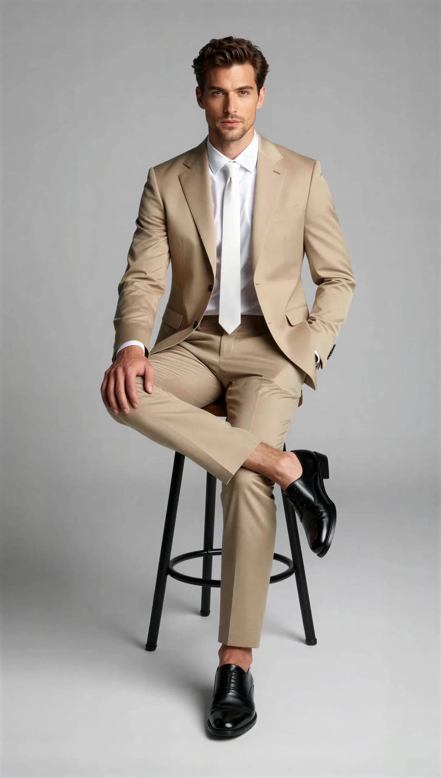2 piece notch lapel single breasted Beige tan suit1