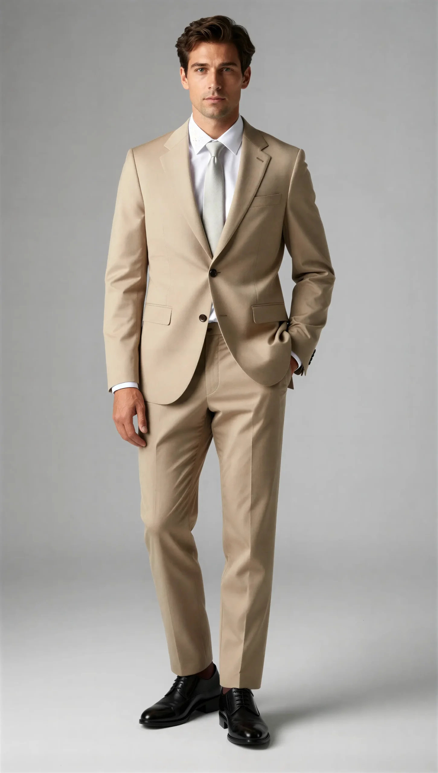 2 piece notch lapel single breasted Beige tan suit2