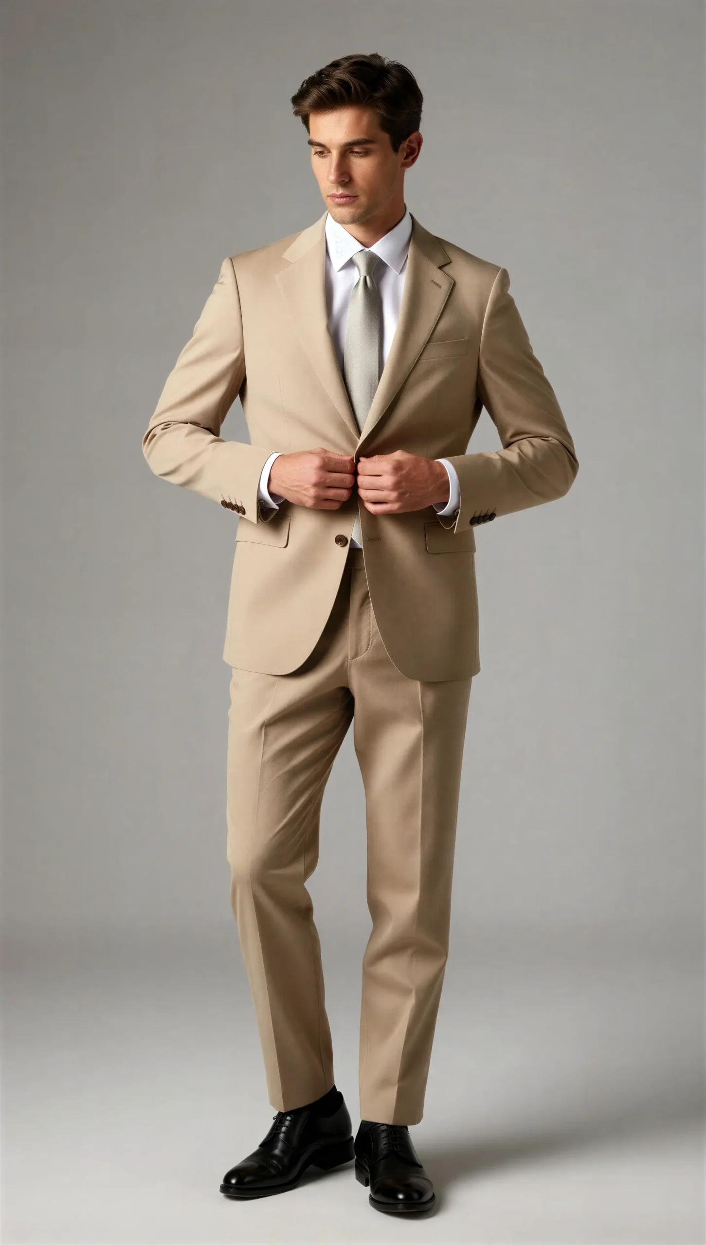 2 piece notch lapel single breasted Beige tan suit3