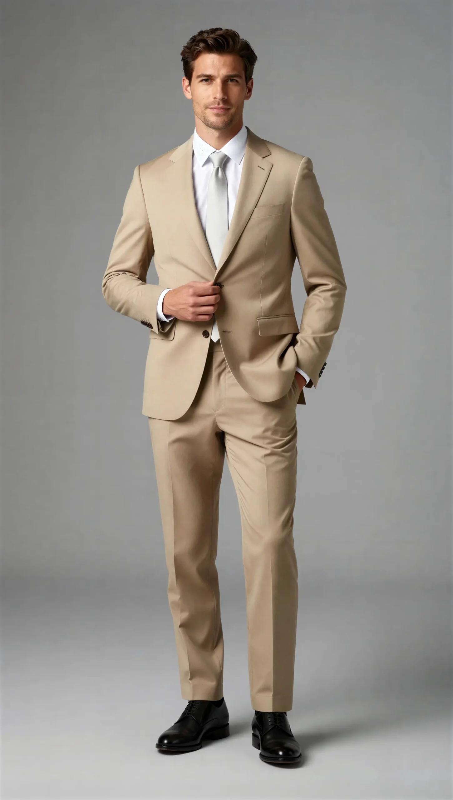 2 piece notch lapel single breasted Beige tan suit4
