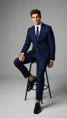 2 Piece Peak Lapel Single Breasted Dark Blue Suit